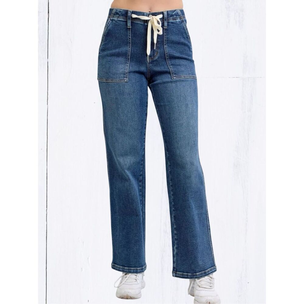 Judy Blue Drawstring Wide Leg Jeans High Rise Medium Wash Relaxed Fit NWT - Picture 3 of 16